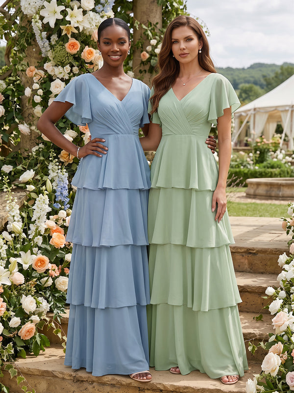Chiffon A-Line V Neck Short Sleeves Long Bridesmaid Dresses with Ruffles