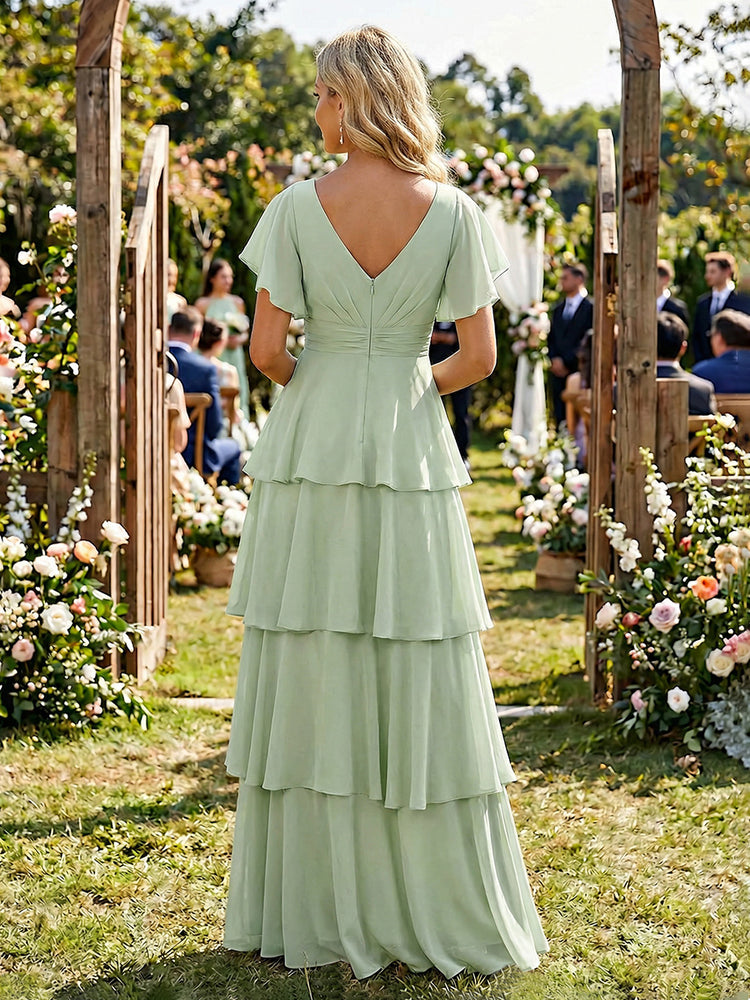 Chiffon A-Line V Neck Long Bridesmaid Dresses with Ruffles