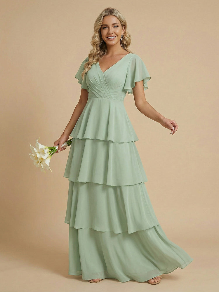 Chiffon A-Line V Neck Long Bridesmaid Dresses with Ruffles