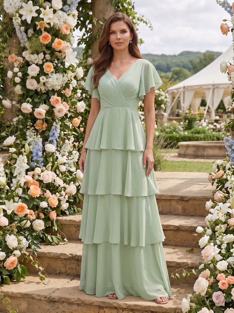 Chiffon A-Line V Neck Short Sleeves Long Bridesmaid Dresses with Ruffles