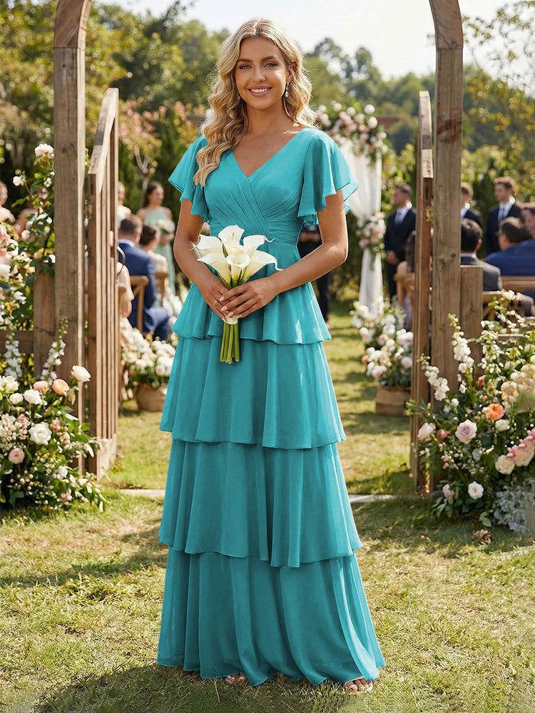 Chiffon A-Line V Neck Long Bridesmaid Dresses with Ruffles