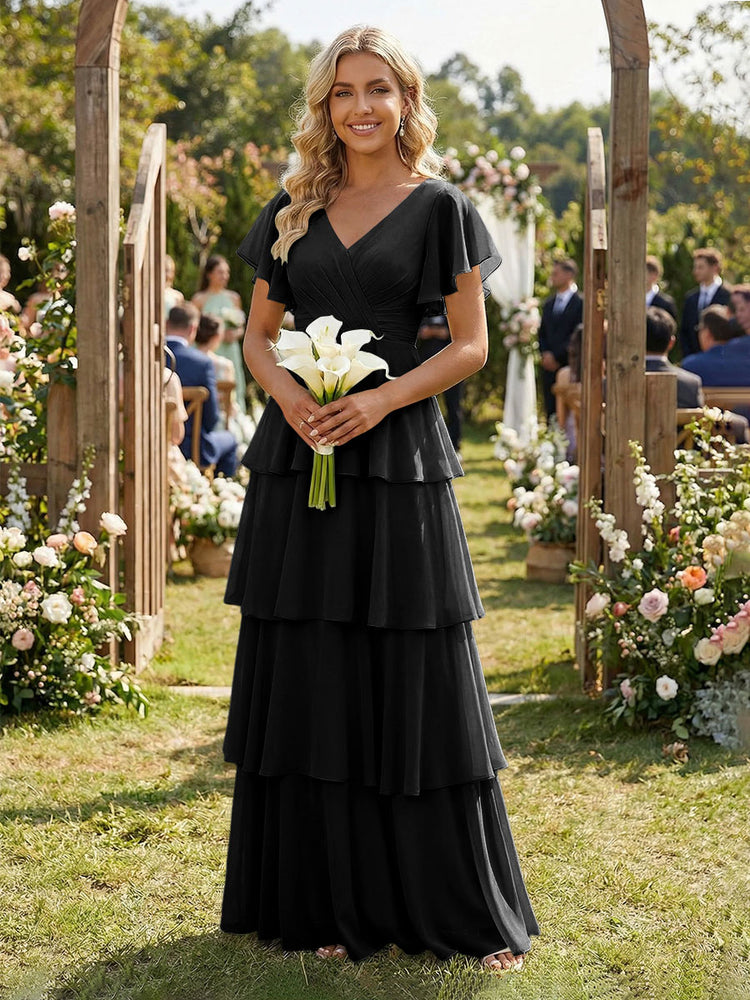 Chiffon A-Line V Neck Long Bridesmaid Dresses with Ruffles
