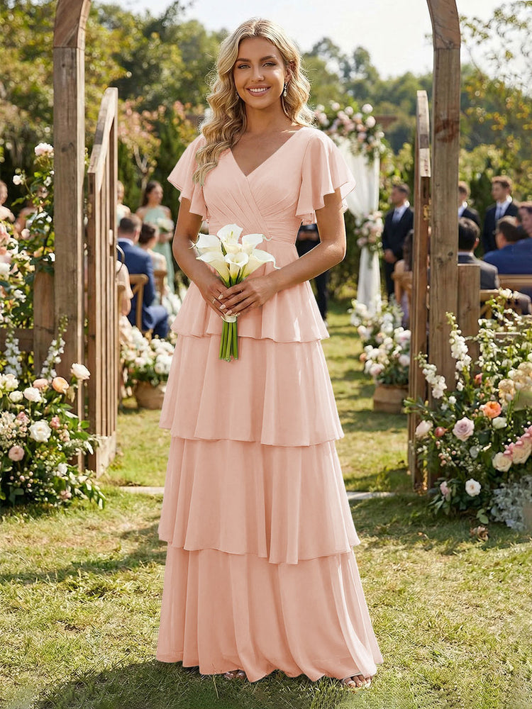 Chiffon A-Line V Neck Long Bridesmaid Dresses with Ruffles