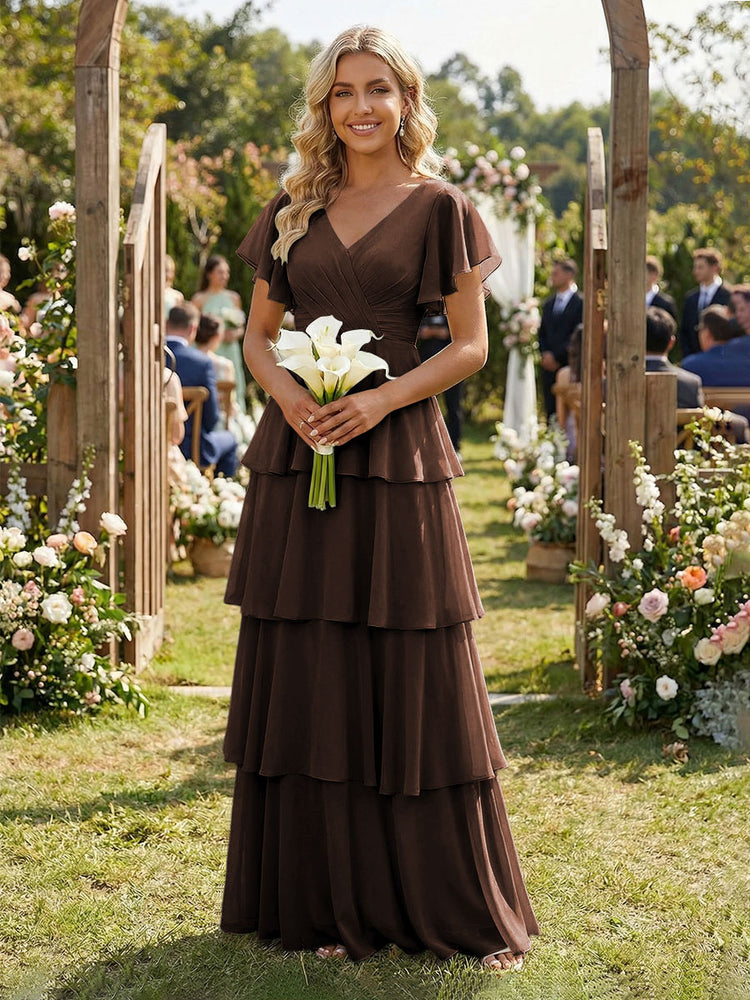 Chiffon A-Line V Neck Long Bridesmaid Dresses with Ruffles