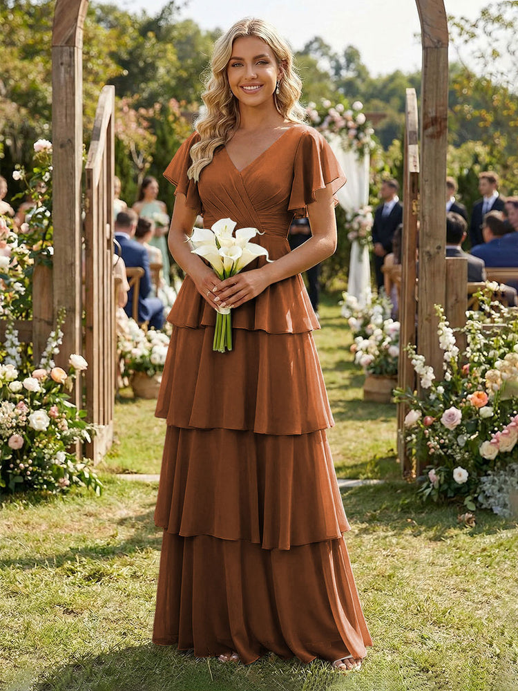 Chiffon A-Line V Neck Long Bridesmaid Dresses with Ruffles
