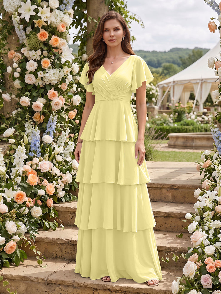Chiffon A-Line V Neck Short Sleeves Long Bridesmaid Dresses with Ruffles