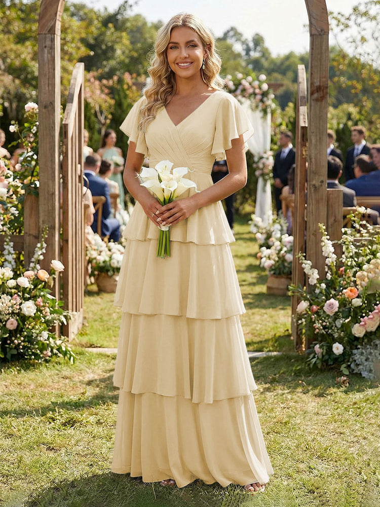 Chiffon A-Line V Neck Long Bridesmaid Dresses with Ruffles