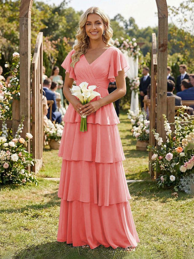 Chiffon A-Line V Neck Long Bridesmaid Dresses with Ruffles