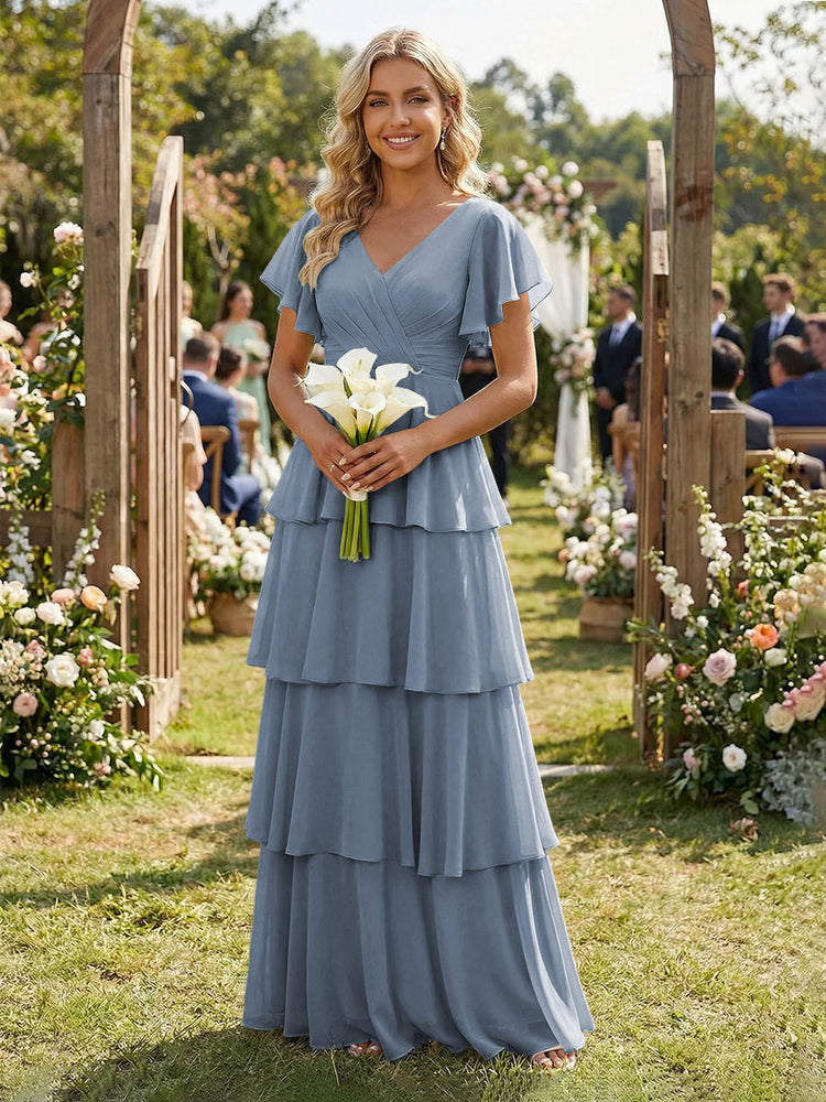 Chiffon A-Line V Neck Long Bridesmaid Dresses with Ruffles