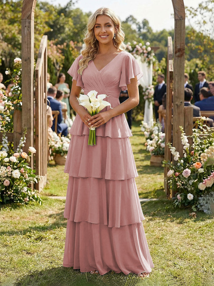 Chiffon A-Line V Neck Long Bridesmaid Dresses with Ruffles