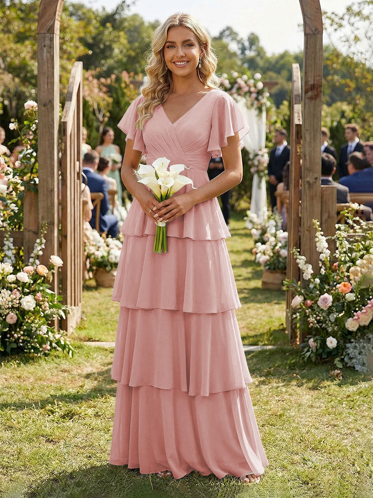 Chiffon A-Line V Neck Long Bridesmaid Dresses with Ruffles