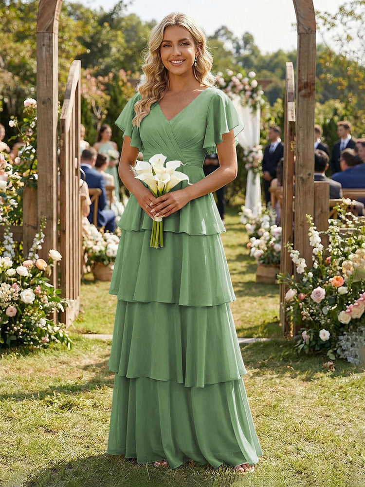Chiffon A-Line V Neck Long Bridesmaid Dresses with Ruffles