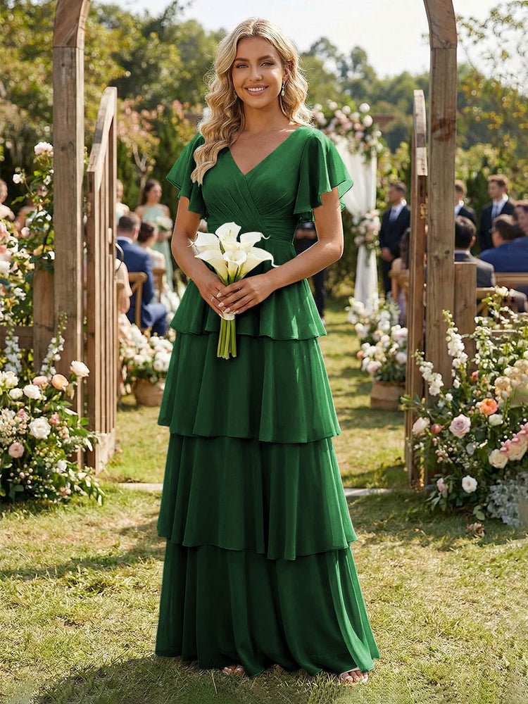 Chiffon A-Line V Neck Long Bridesmaid Dresses with Ruffles