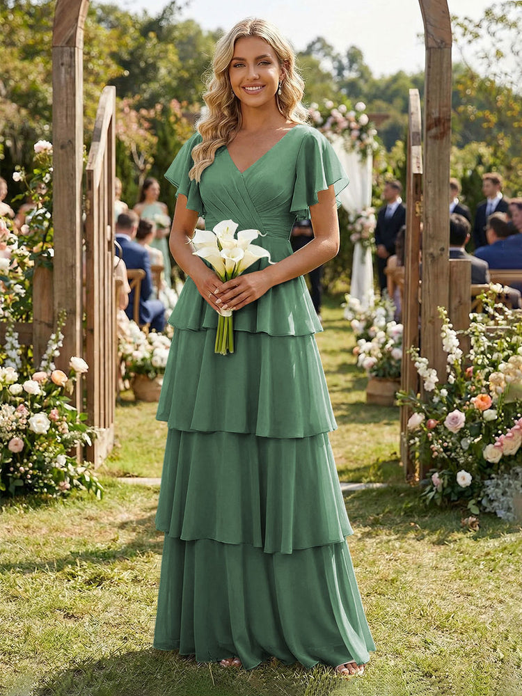 Chiffon A-Line V Neck Long Bridesmaid Dresses with Ruffles