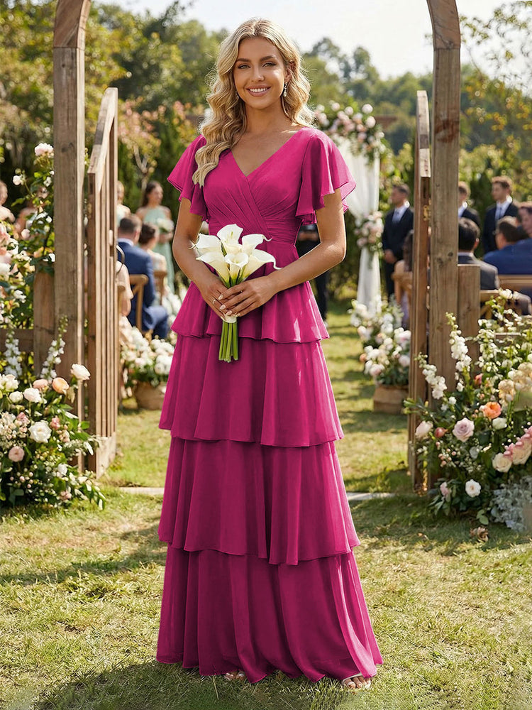 Chiffon A-Line V Neck Long Bridesmaid Dresses with Ruffles