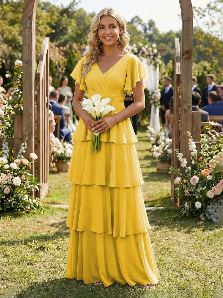 Chiffon A-Line V Neck Long Bridesmaid Dresses with Ruffles