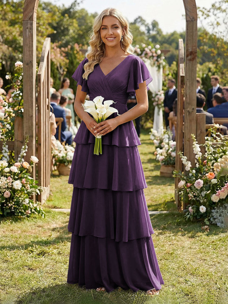 Chiffon A-Line V Neck Long Bridesmaid Dresses with Ruffles