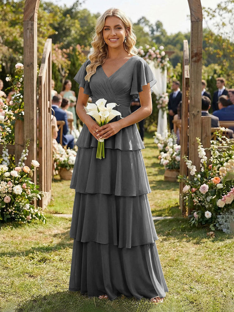 Chiffon A-Line V Neck Long Bridesmaid Dresses with Ruffles