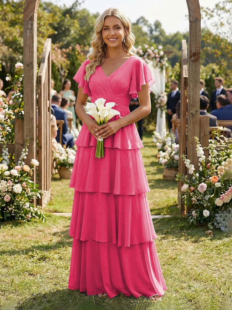 Chiffon A-Line V Neck Long Bridesmaid Dresses with Ruffles