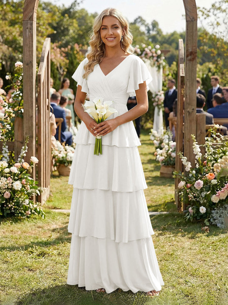 Chiffon A-Line V Neck Long Bridesmaid Dresses with Ruffles