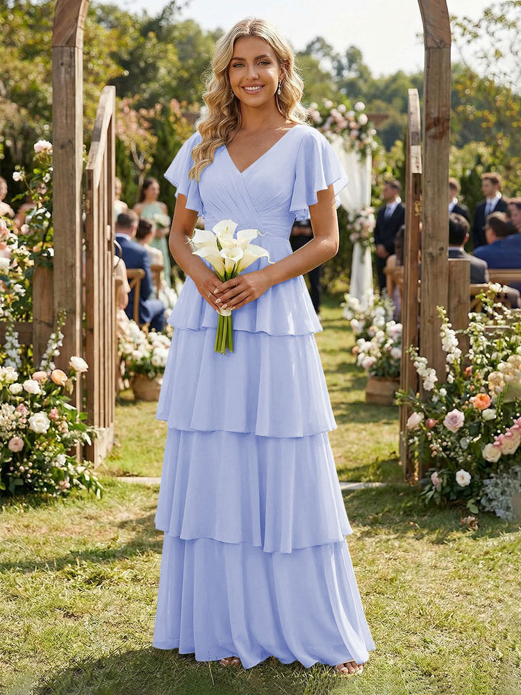 Chiffon A-Line V Neck Long Bridesmaid Dresses with Ruffles