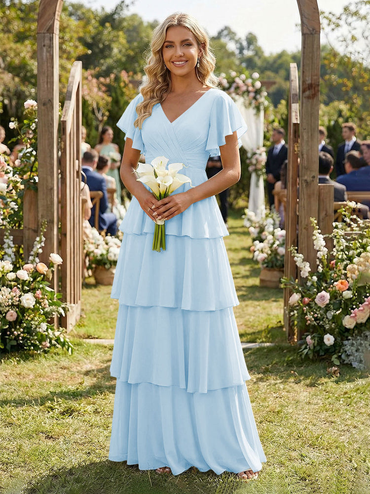 Chiffon A-Line V Neck Long Bridesmaid Dresses with Ruffles