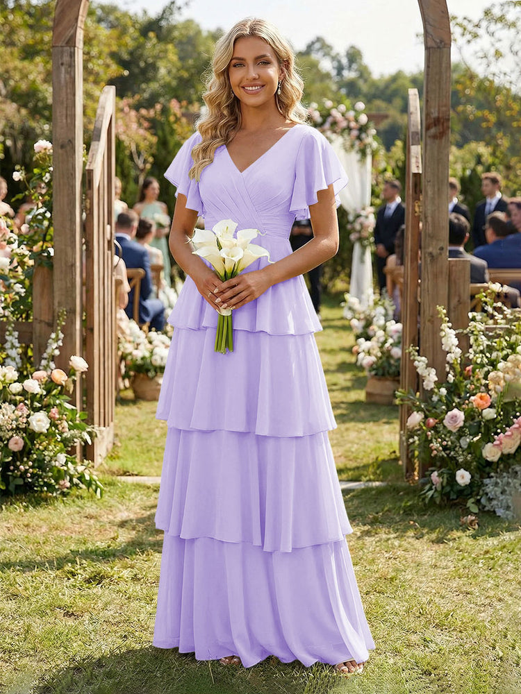Chiffon A-Line V Neck Long Bridesmaid Dresses with Ruffles