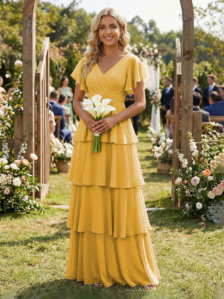 Chiffon A-Line V Neck Long Bridesmaid Dresses with Ruffles
