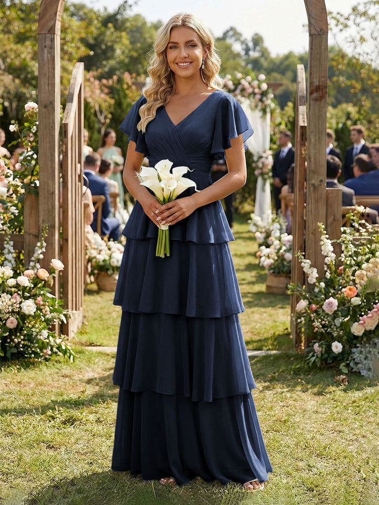 Chiffon A-Line V Neck Long Bridesmaid Dresses with Ruffles