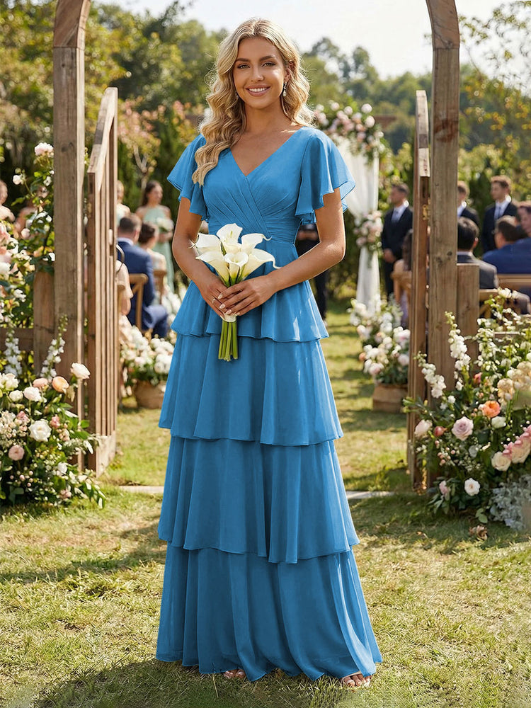 Chiffon A-Line V Neck Long Bridesmaid Dresses with Ruffles