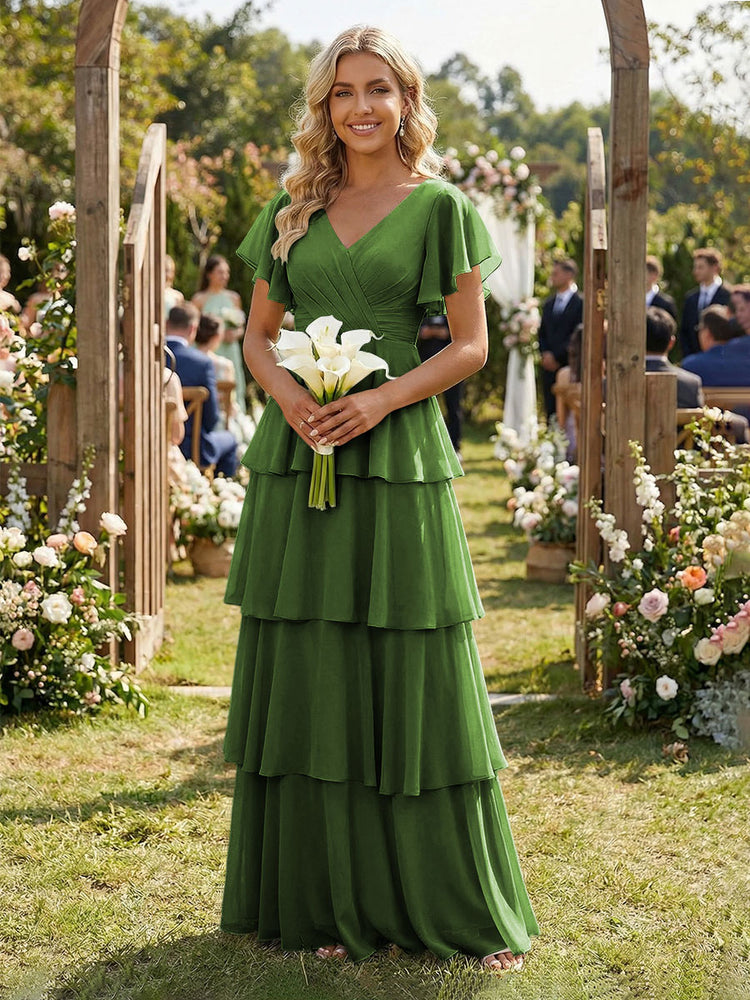 Chiffon A-Line V Neck Long Bridesmaid Dresses with Ruffles