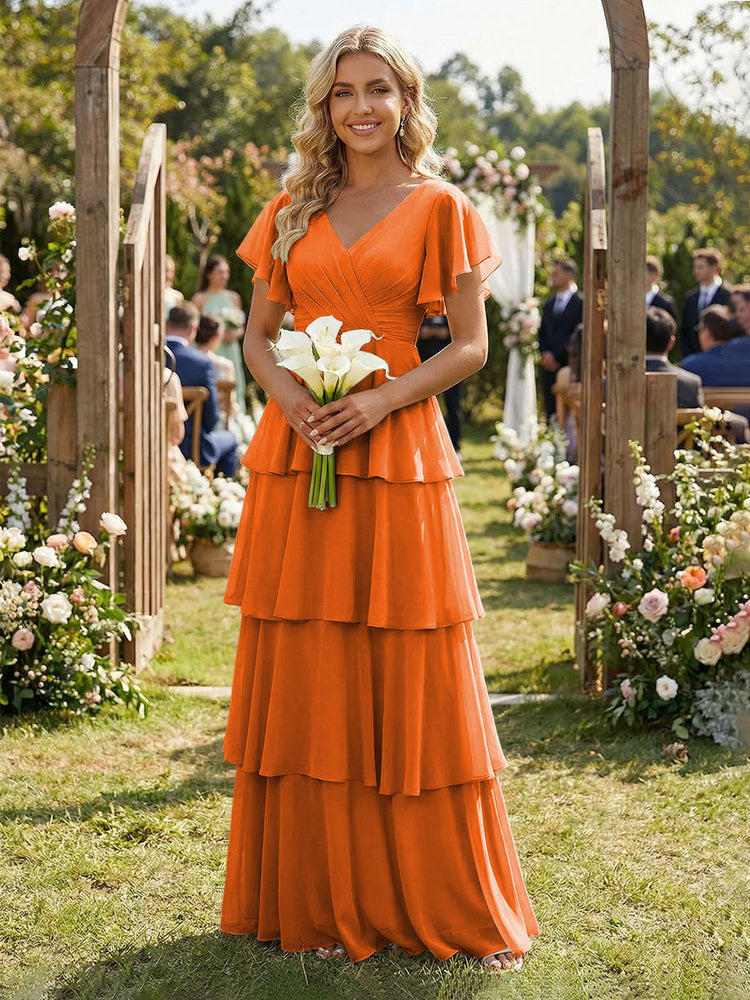 Chiffon A-Line V Neck Long Bridesmaid Dresses with Ruffles