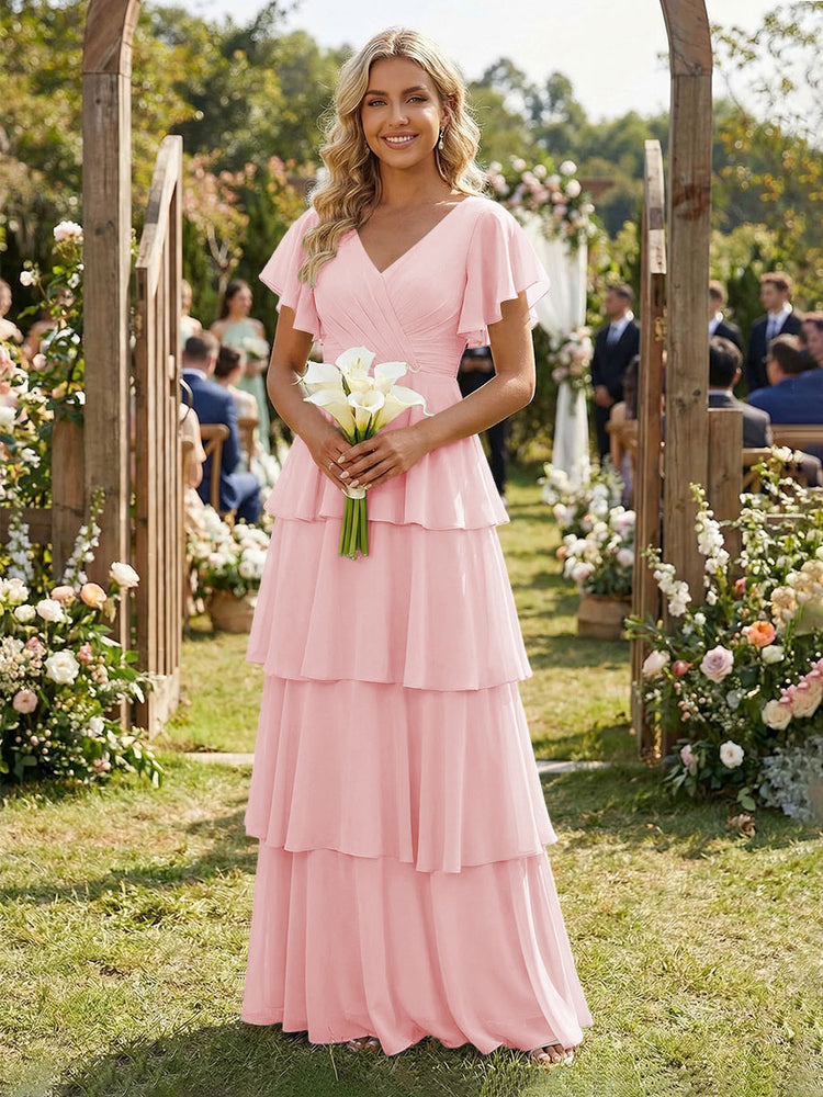 Chiffon A-Line V Neck Long Bridesmaid Dresses with Ruffles