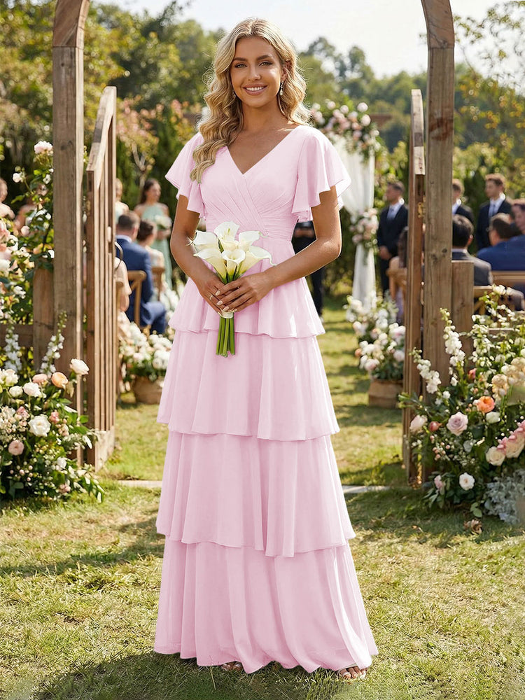 Chiffon A-Line V Neck Long Bridesmaid Dresses with Ruffles