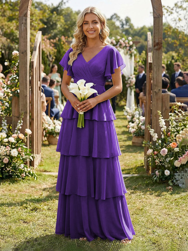 Chiffon A-Line V Neck Long Bridesmaid Dresses with Ruffles