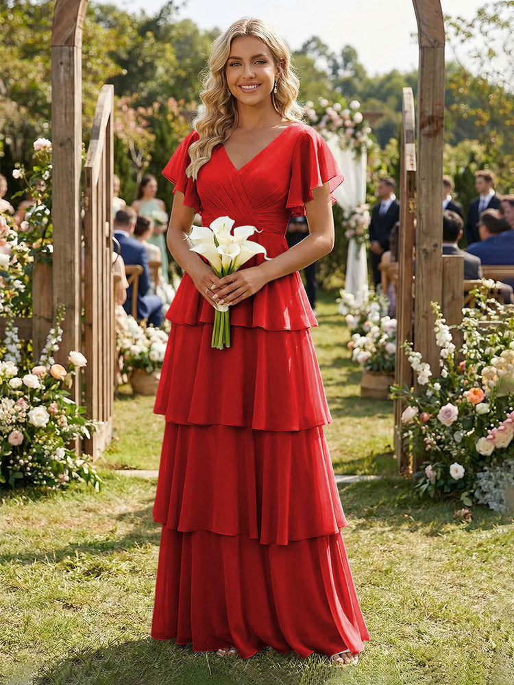 Chiffon A-Line V Neck Long Bridesmaid Dresses with Ruffles