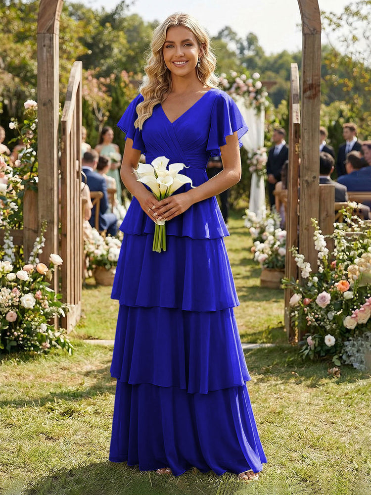 Chiffon A-Line V Neck Long Bridesmaid Dresses with Ruffles