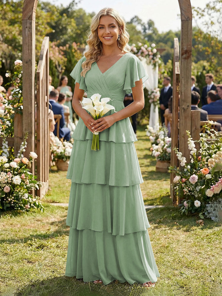 Chiffon A-Line V Neck Long Bridesmaid Dresses with Ruffles