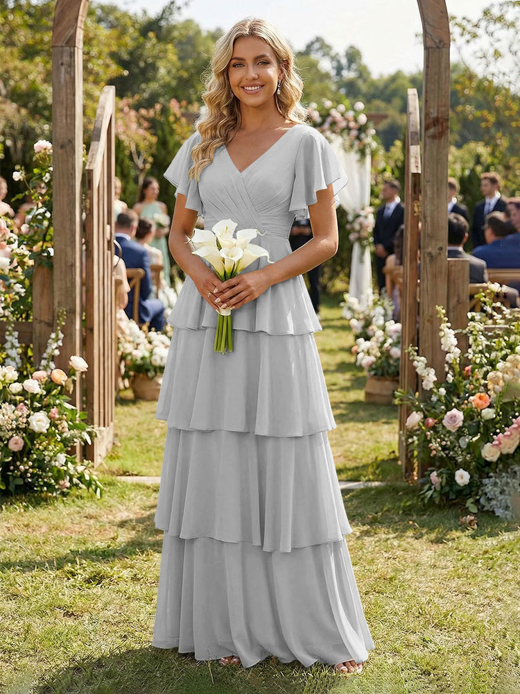 Chiffon A-Line V Neck Long Bridesmaid Dresses with Ruffles