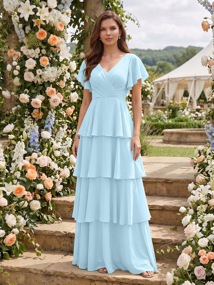 Chiffon A-Line V Neck Short Sleeves Long Bridesmaid Dresses with Ruffles