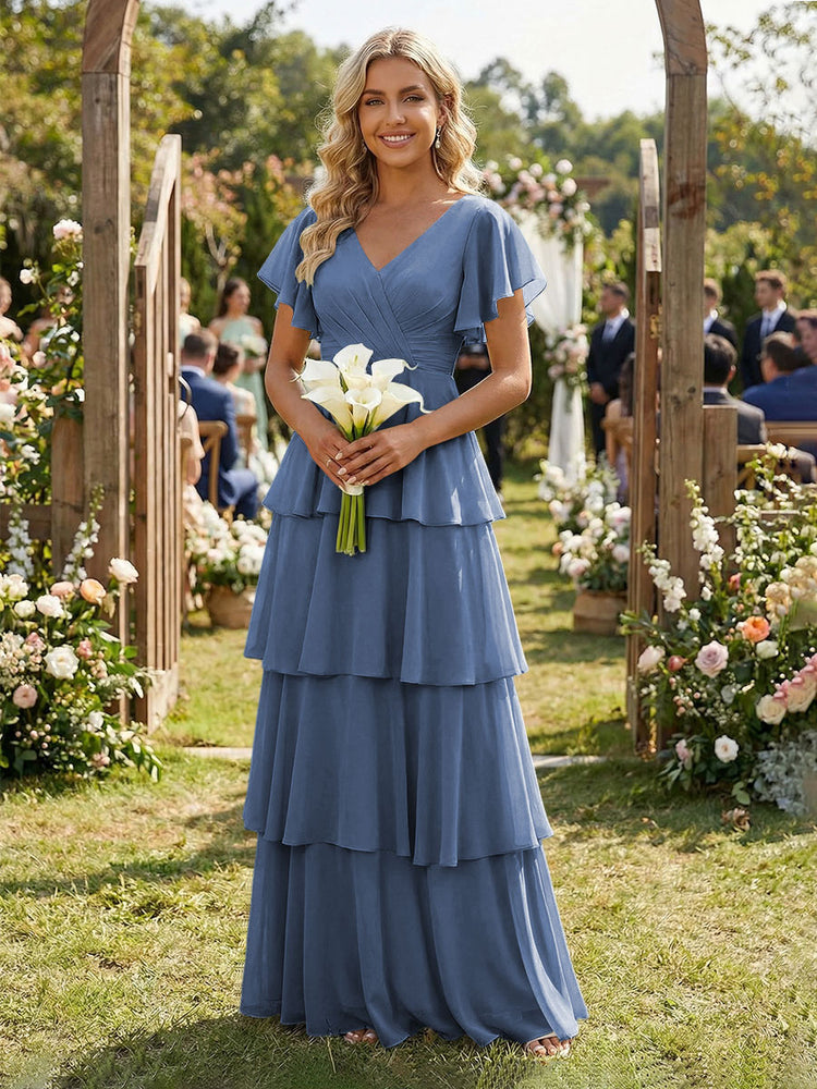 Chiffon A-Line V Neck Long Bridesmaid Dresses with Ruffles