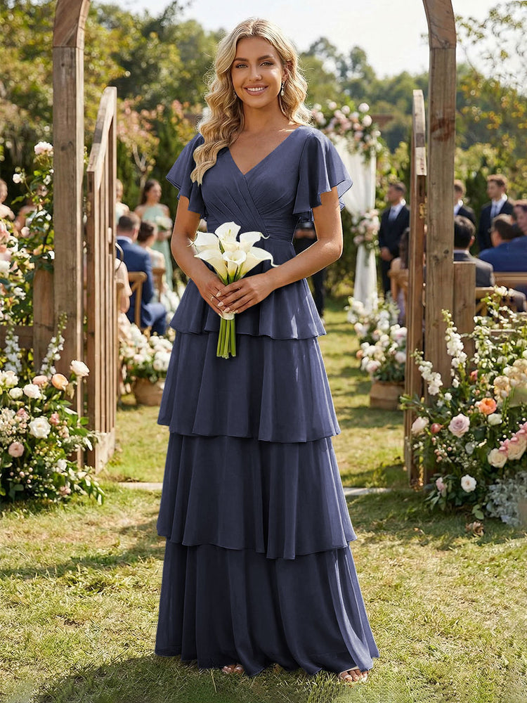 Chiffon A-Line V Neck Long Bridesmaid Dresses with Ruffles