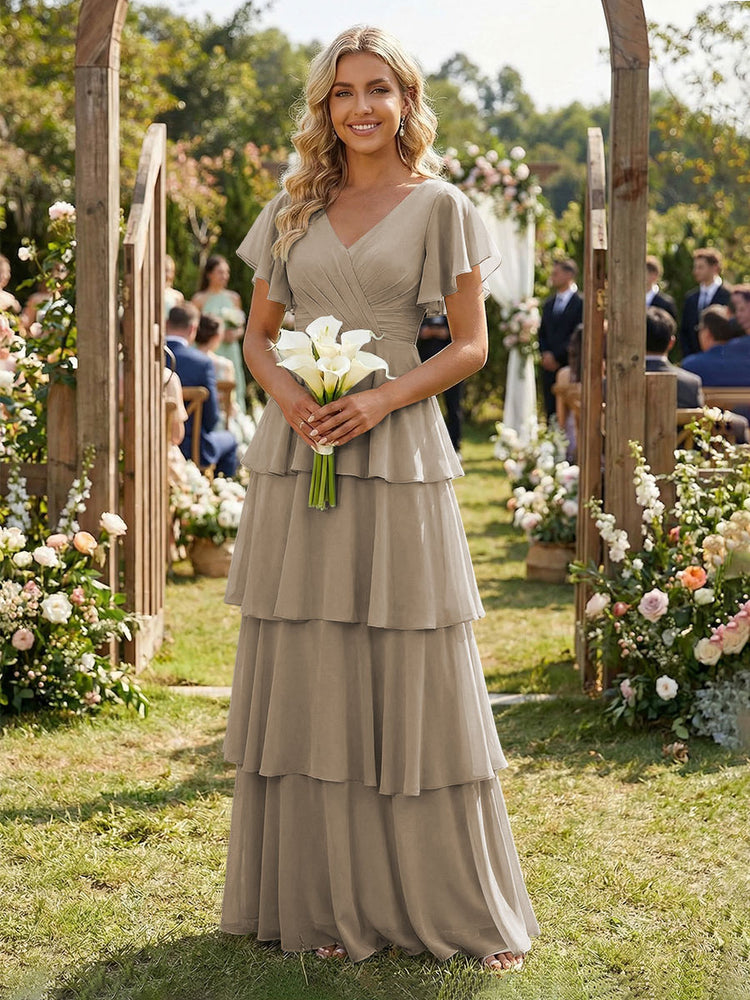 Chiffon A-Line V Neck Long Bridesmaid Dresses with Ruffles