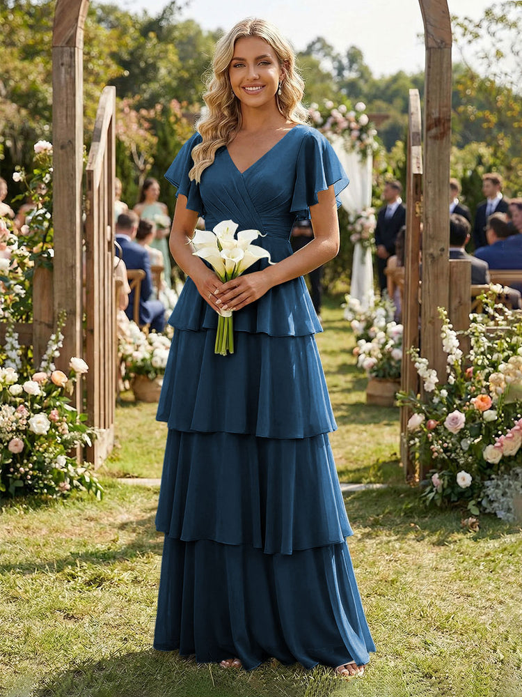 Chiffon A-Line V Neck Long Bridesmaid Dresses with Ruffles