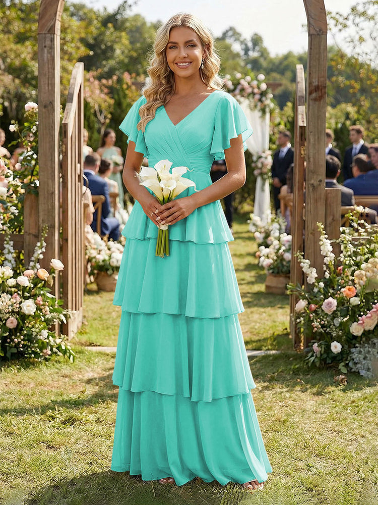 Chiffon A-Line V Neck Long Bridesmaid Dresses with Ruffles