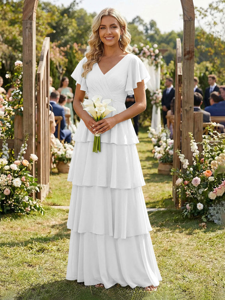 Chiffon A-Line V Neck Long Bridesmaid Dresses with Ruffles