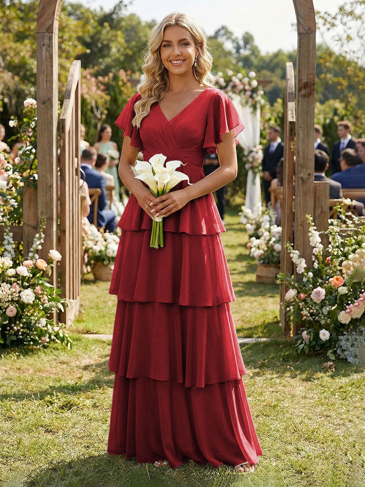 Chiffon A-Line V Neck Long Bridesmaid Dresses with Ruffles