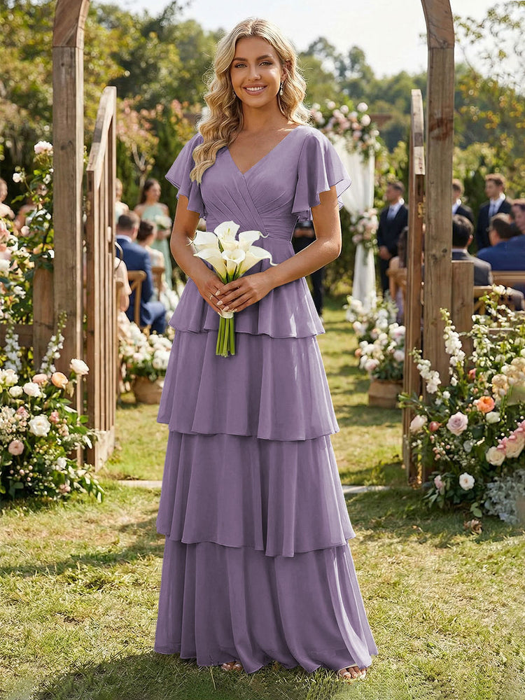 Chiffon A-Line V Neck Long Bridesmaid Dresses with Ruffles