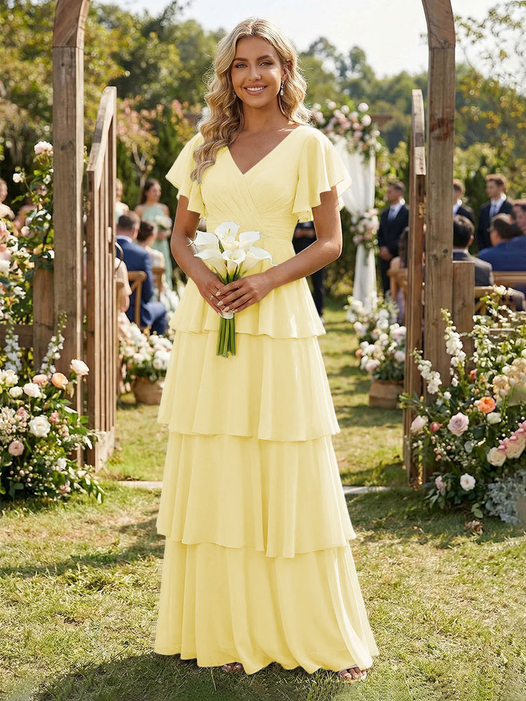 Chiffon A-Line V Neck Long Bridesmaid Dresses with Ruffles