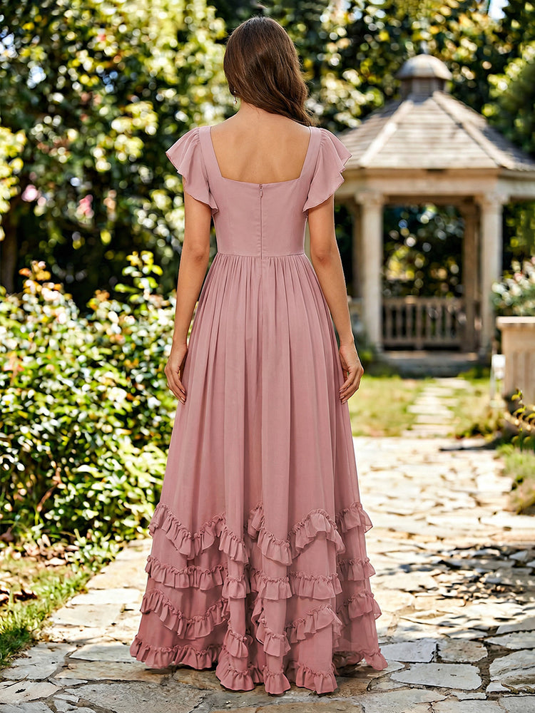 Chiffon A-Line Square Neck Long Tiered Bridesmaid Dresses